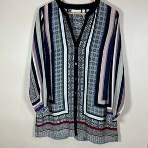 Susan Graver button Down Tunic Long Sleeve Size 10 Geometric Print Lagenlook